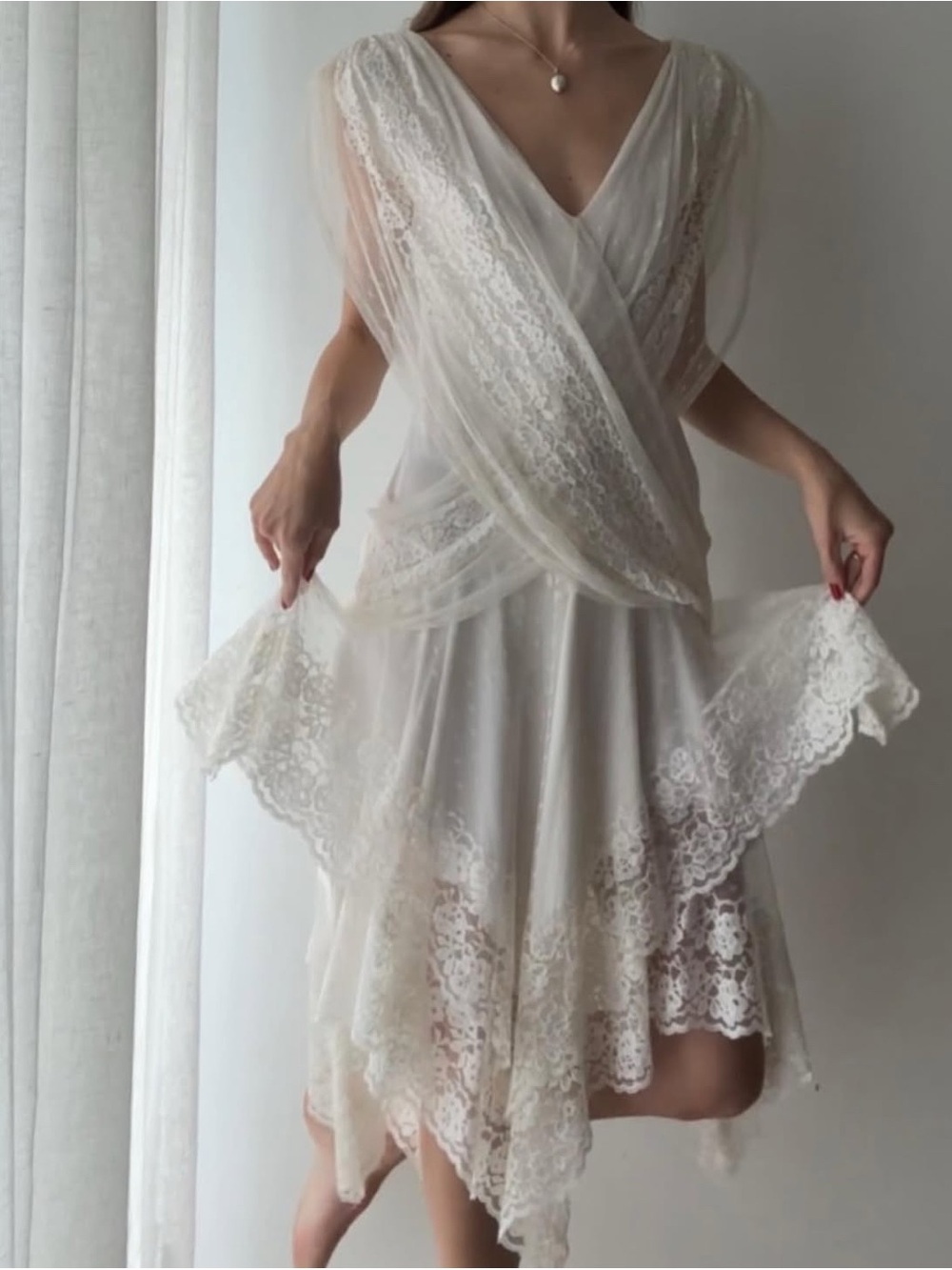 Vintage Lace Overlay V-Neck White Dress